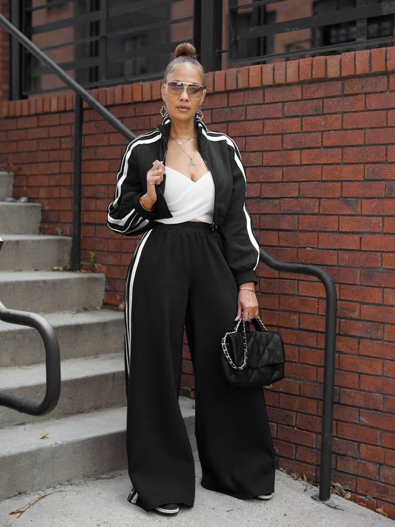Ensemble sweat à capuche zippé à rayures et pantalon