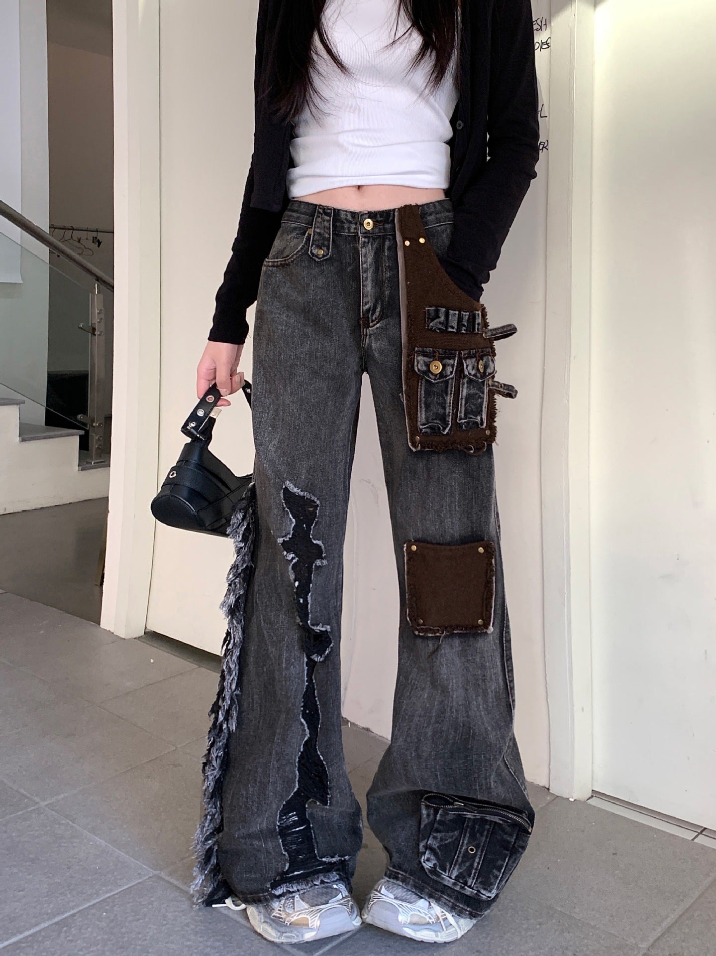 Pantalon en denim à patchs lavé