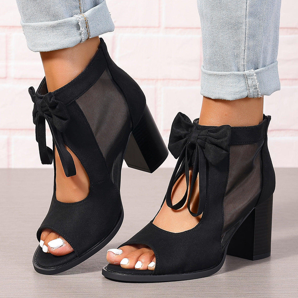 Sandales à talons compensés pour femmes avec nœud, en daim, à talons hauts et ajourées