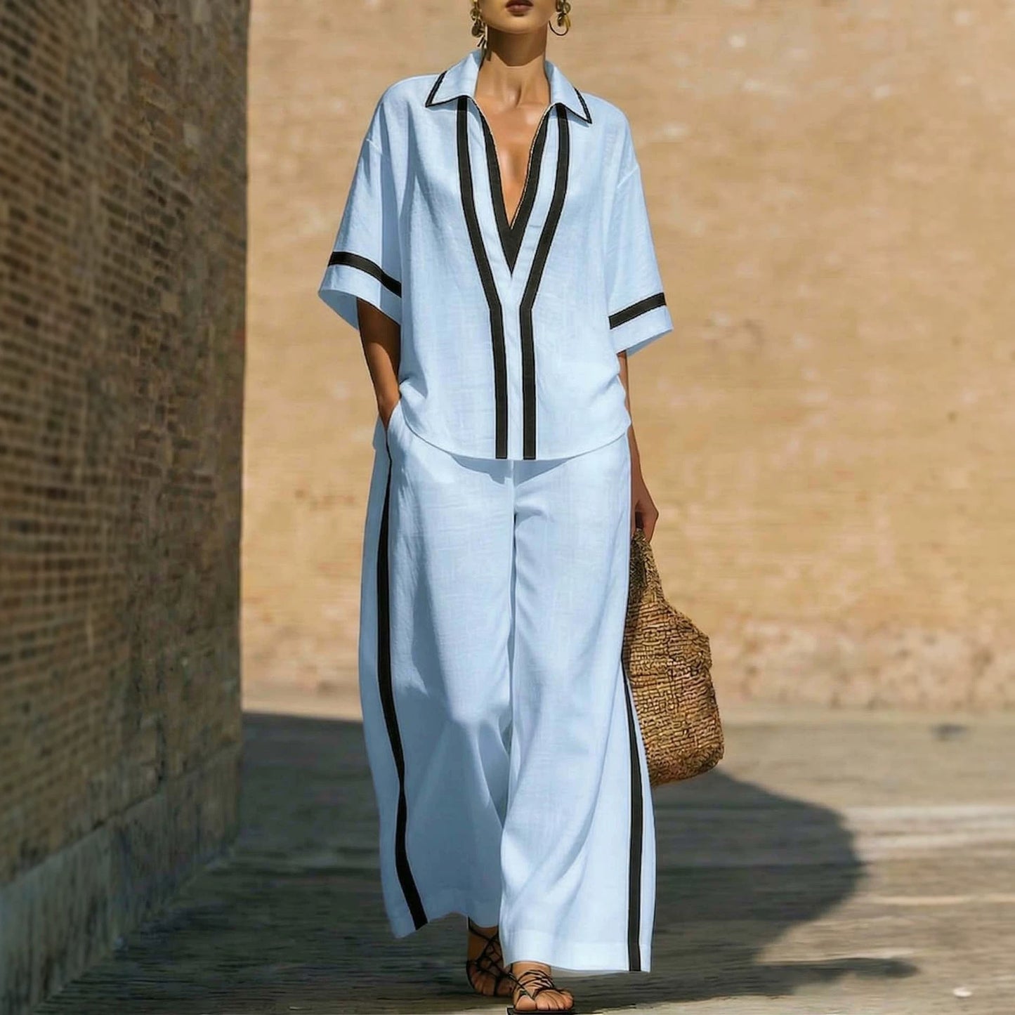 Ensemble chemise collage décontractée et pantalon à jambes larges