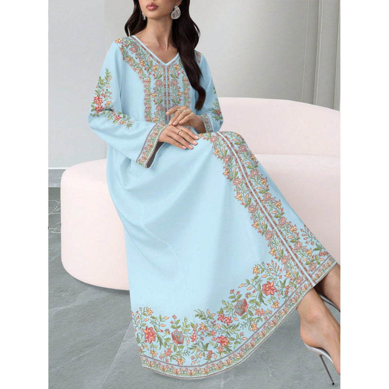 Robe longue à col en V avec imprimé floral