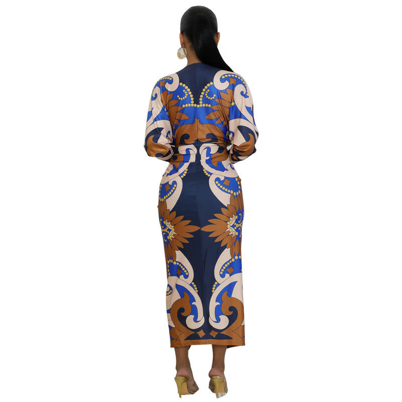 Robe imprimée à manches longues et décolleté en V profond pour femme