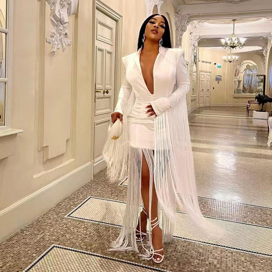 Habit :Robe moulante sexy à décolleté plongeant et manches longues à franges pour femme