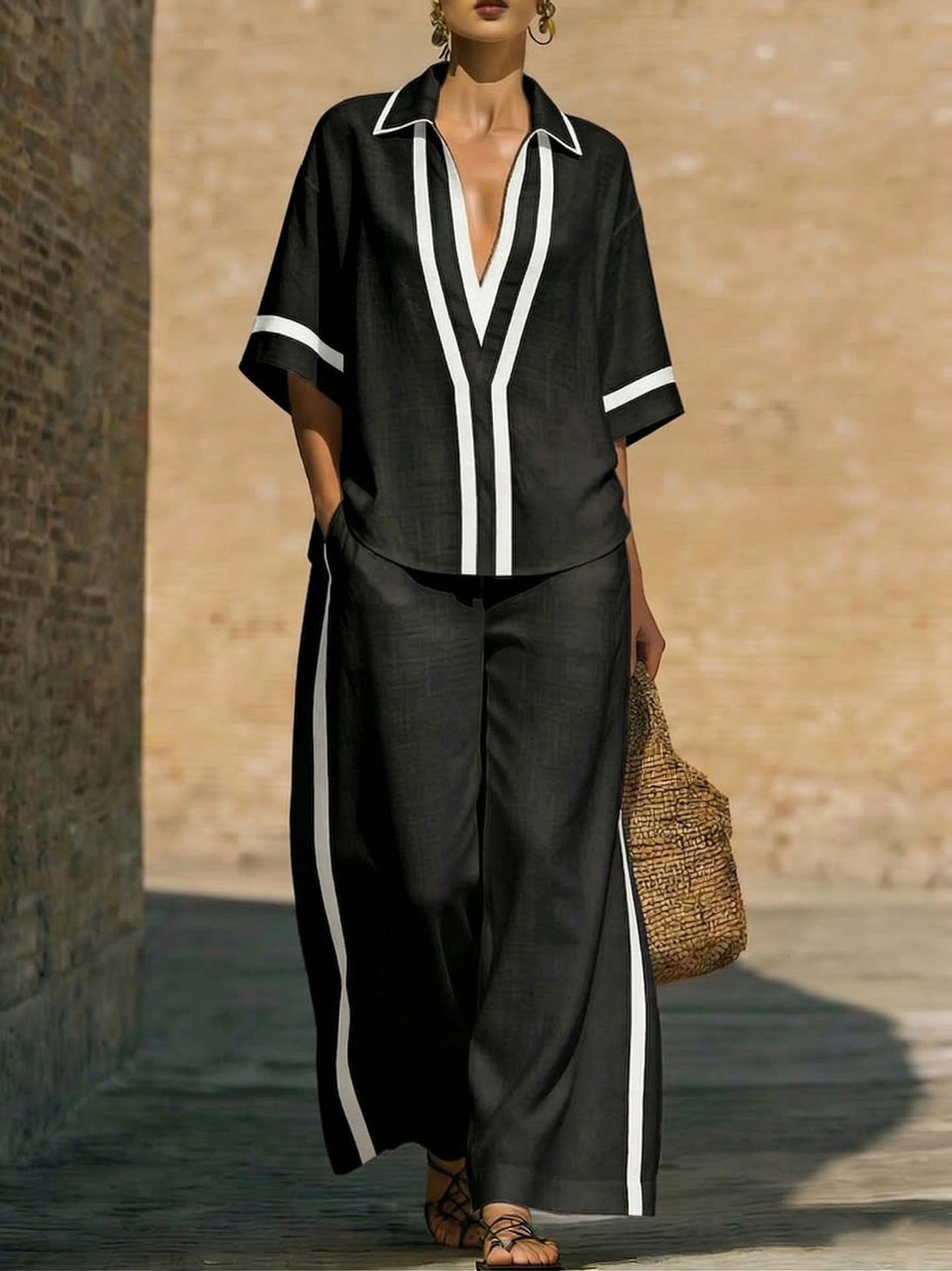 Ensemble chemise collage décontractée et pantalon à jambes larges