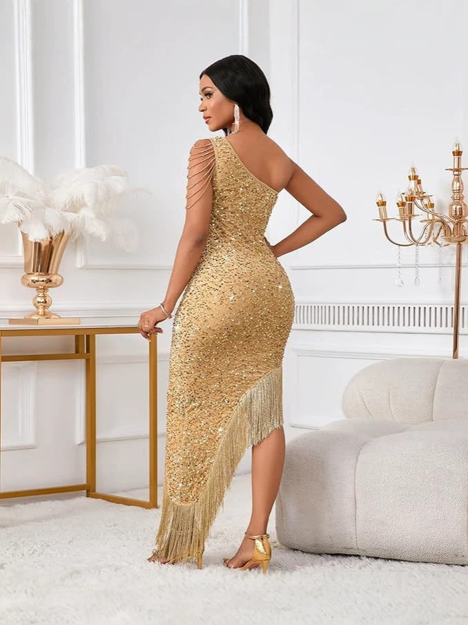 Habit :Robe de soirée asymétrique à sequins et pampilles de cristal pour femme