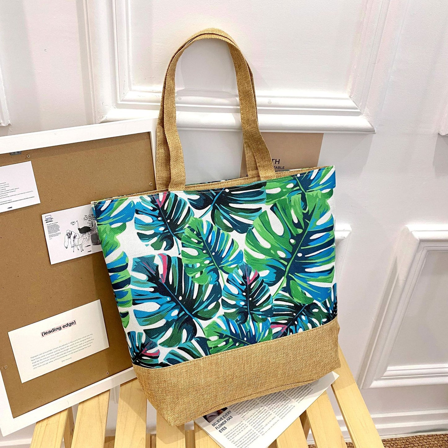 Sac fourre-tout artistique en coton et lin avec fermeture éclair