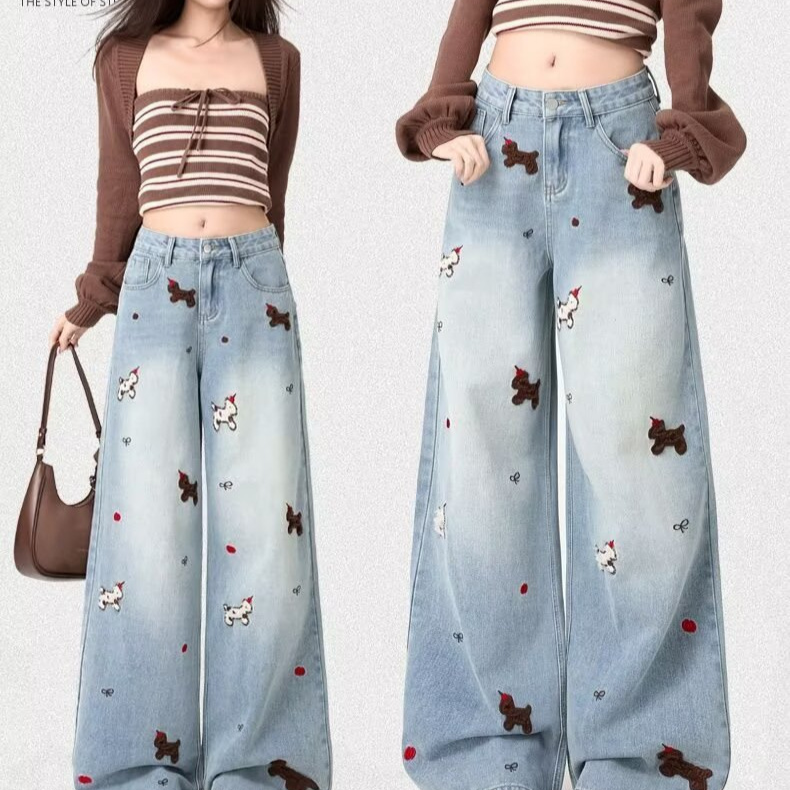 Pantalon en jean large brodé
