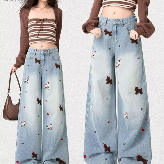 Pantalon en jean large brodé
