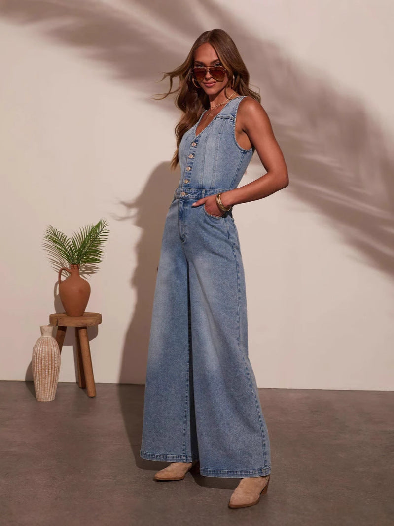 Combinaison en jean pour femmes, sans manches, col en V