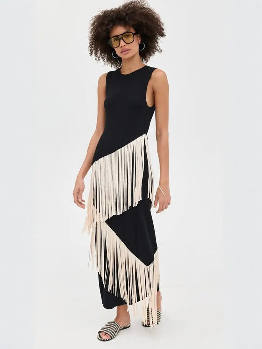 Robe bohème sans manches à franges asymétriques