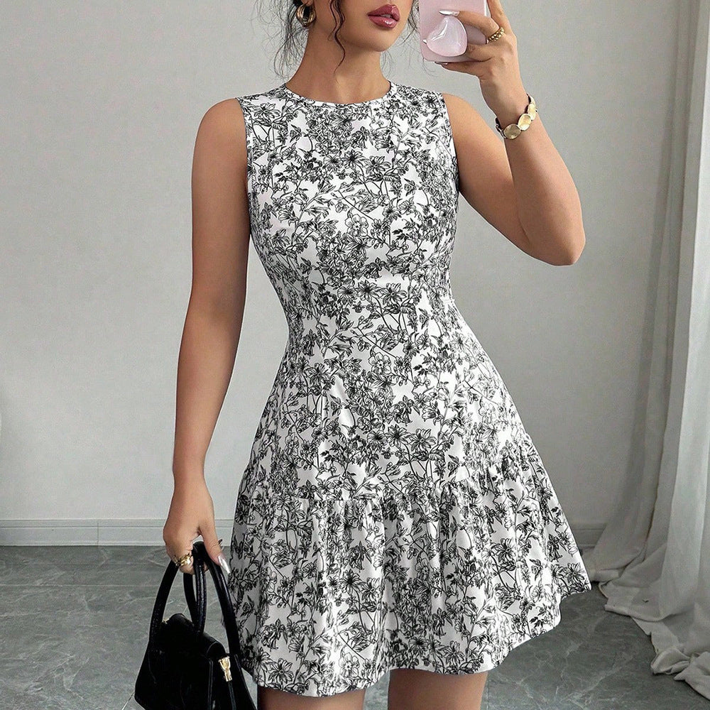 Robe à jupe en couche sans manches à imprimé floral