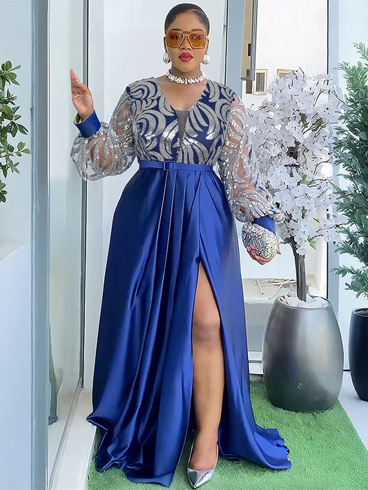 Habit :Robe longue grande taille pour femme, ornée de sequins et de dentelle, col en V.