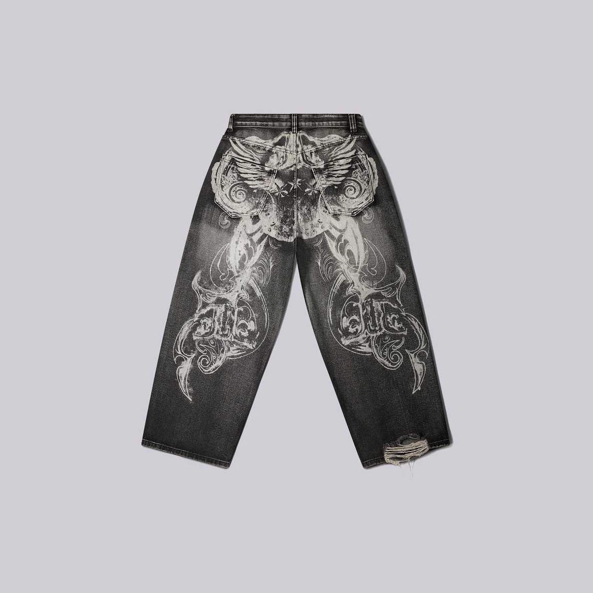 Pantalon en jean à jambes larges imprimé rétro