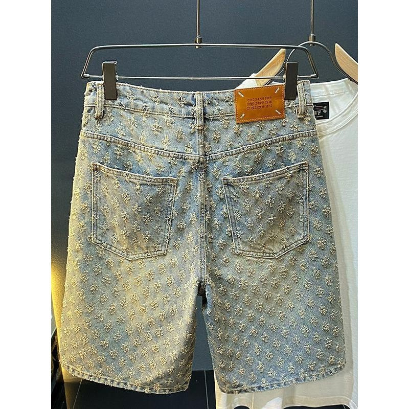 Shorts en denim de style américain 2024 pour hommes, été, coupe droite ample, déchirés, jacquard, haut de gamme, pantalon mi-long