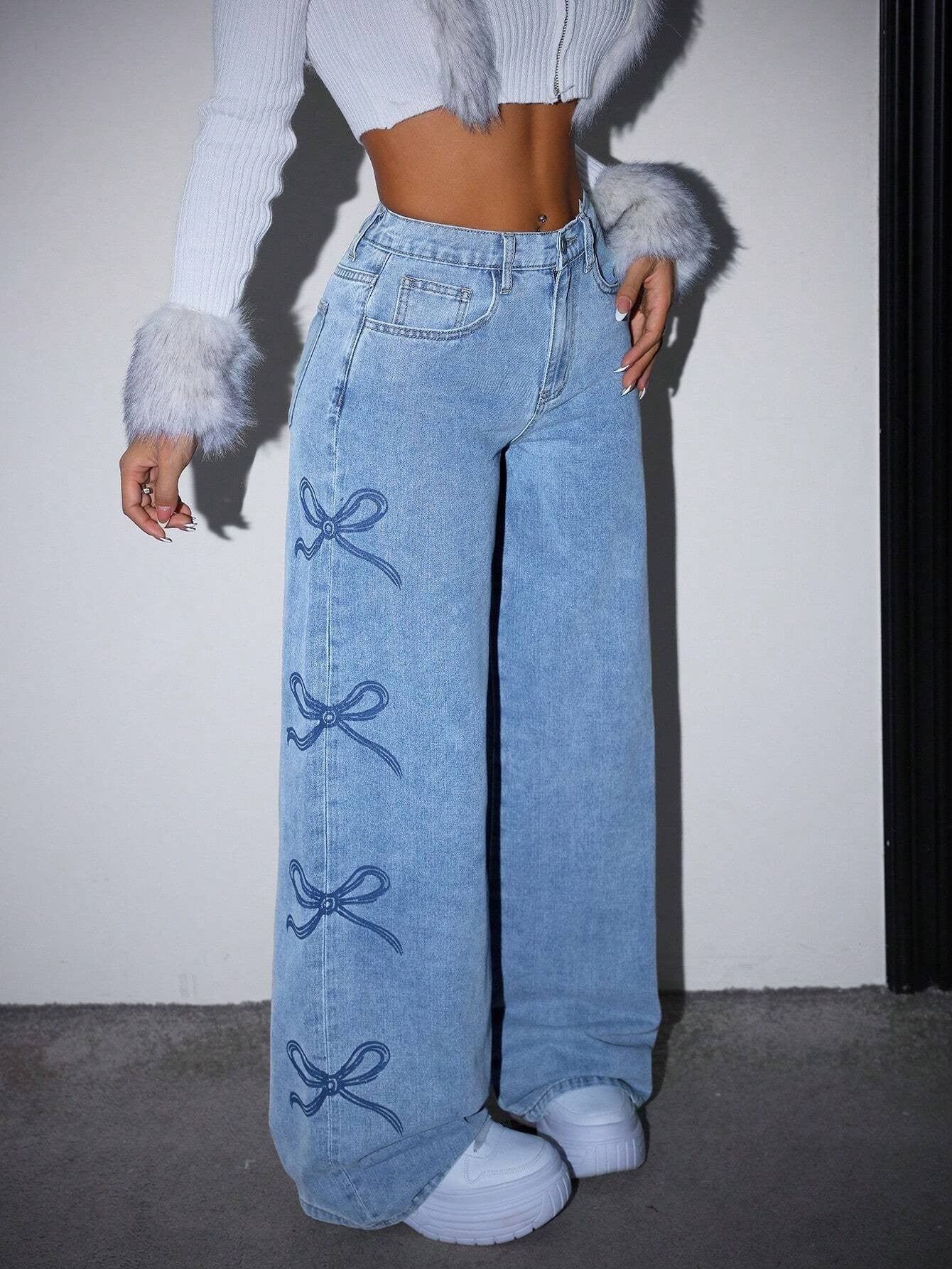 Jean large en denim délavé taille haute avec nœud