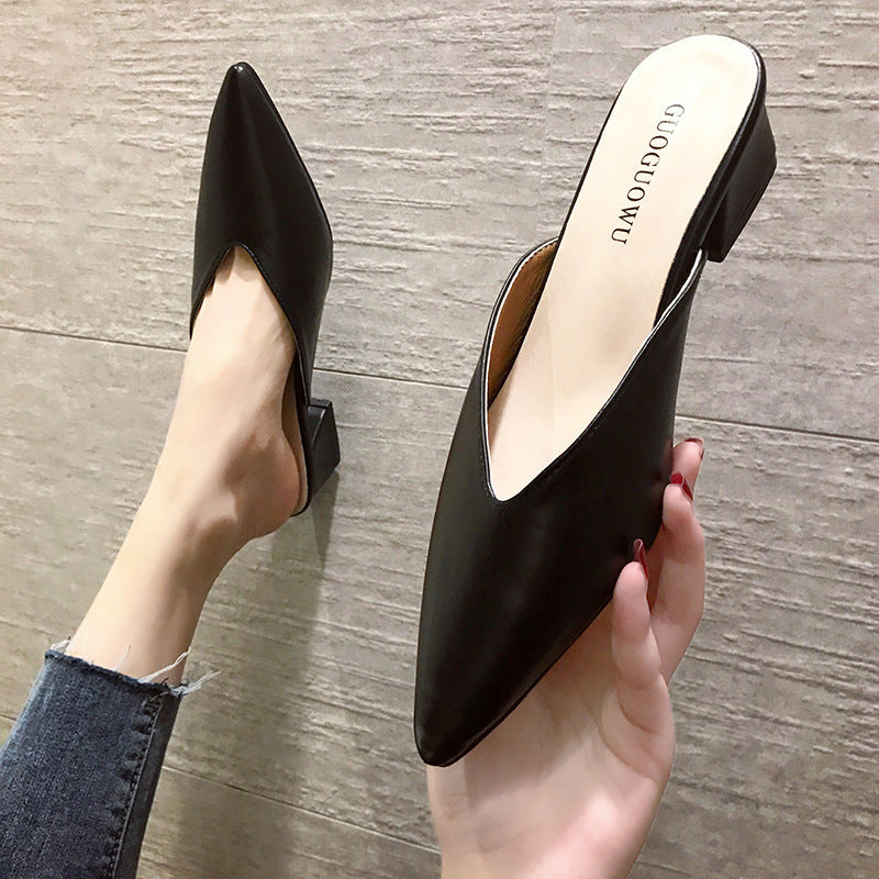 Chaussures :Pantoufles à talons hauts, talons épais, bout pointu, baotou, chaussures d'extérieur, demi-chaussons
