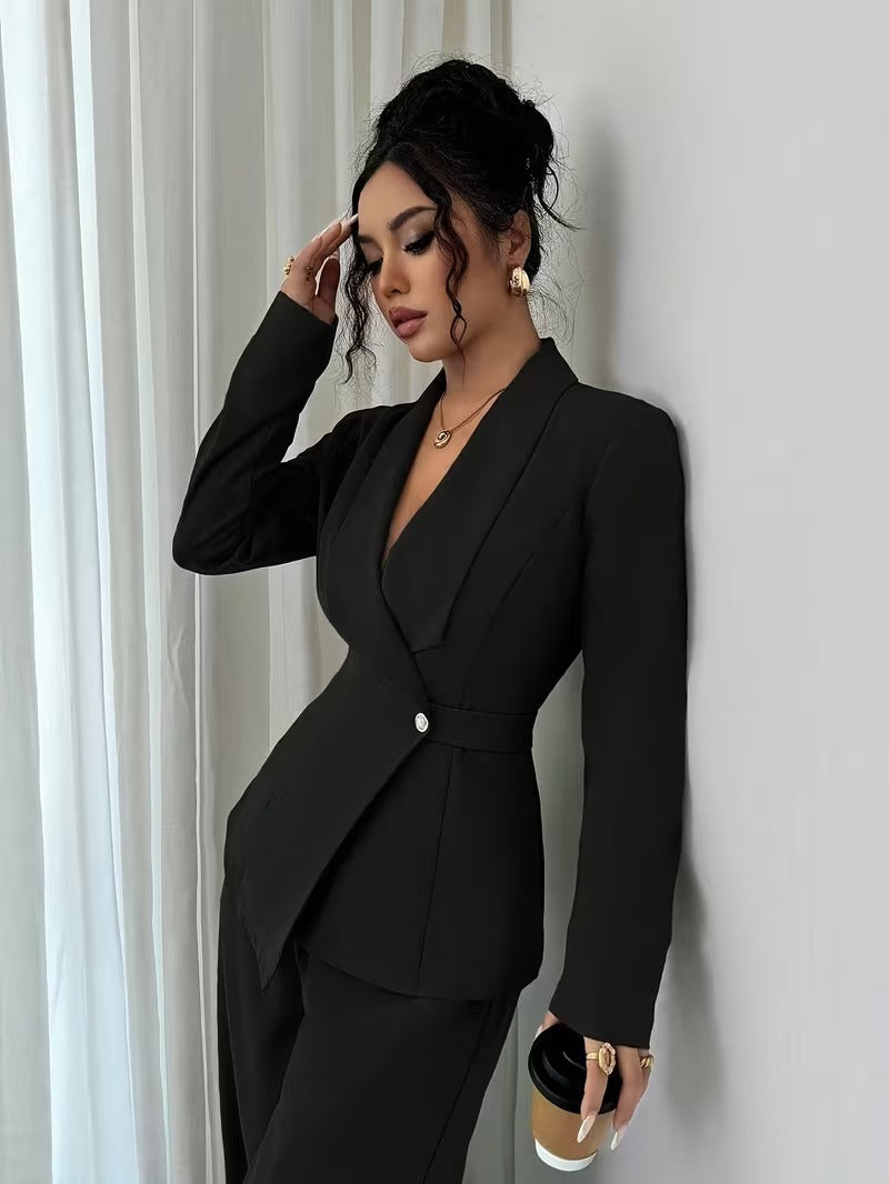Ensemble deux pièces pour femme : veste longue à col en V et pantalon à jambes larges