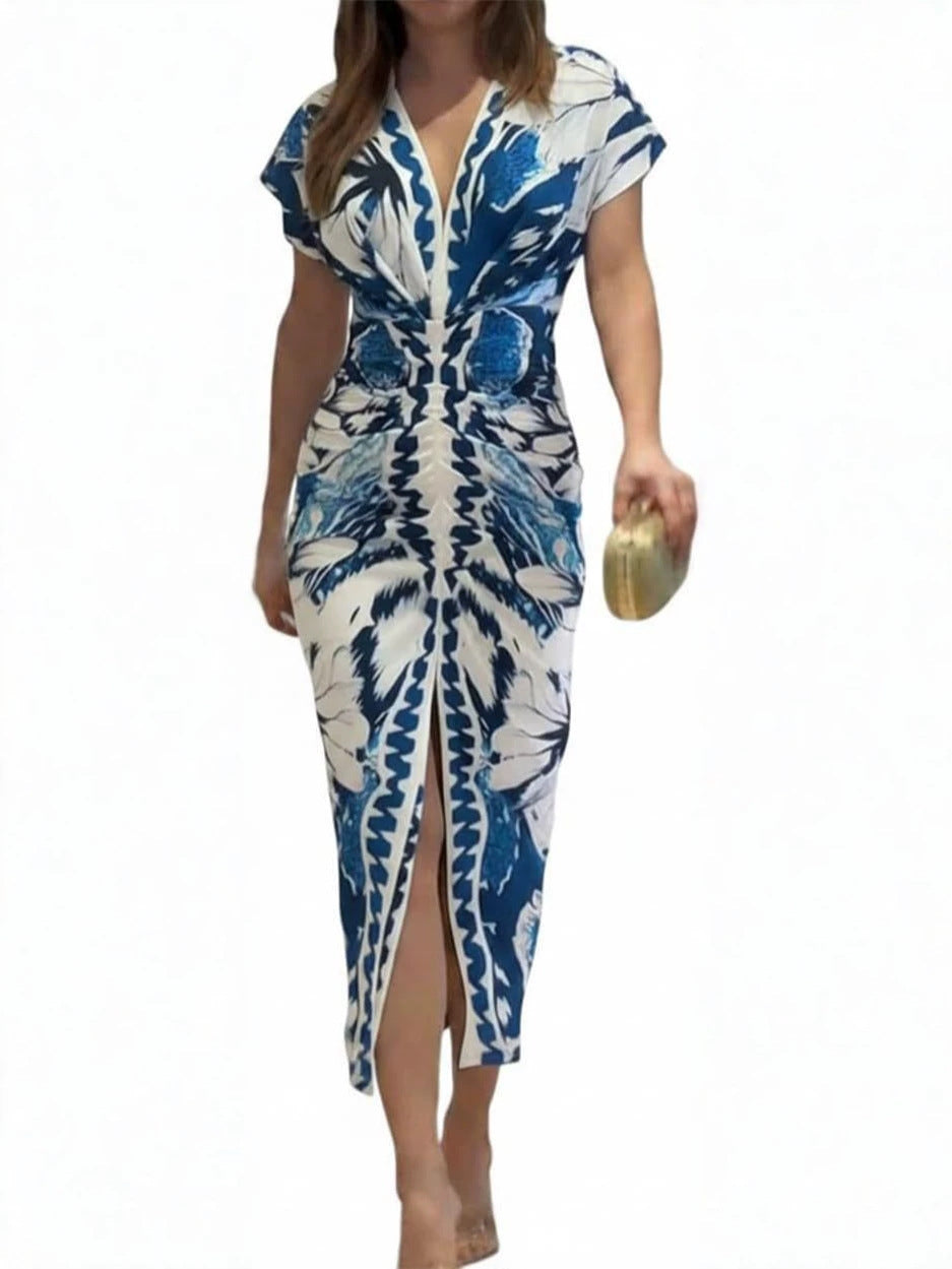 Robe imprimee a col en V et fente pour femme