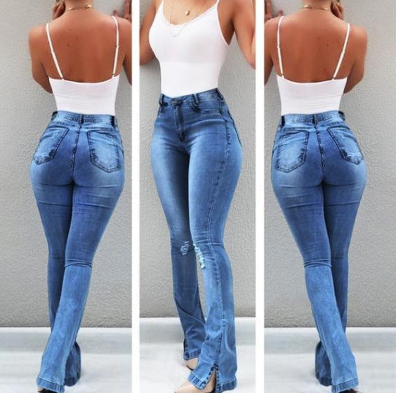 Jean évasé taille haute élastique pour femmes
