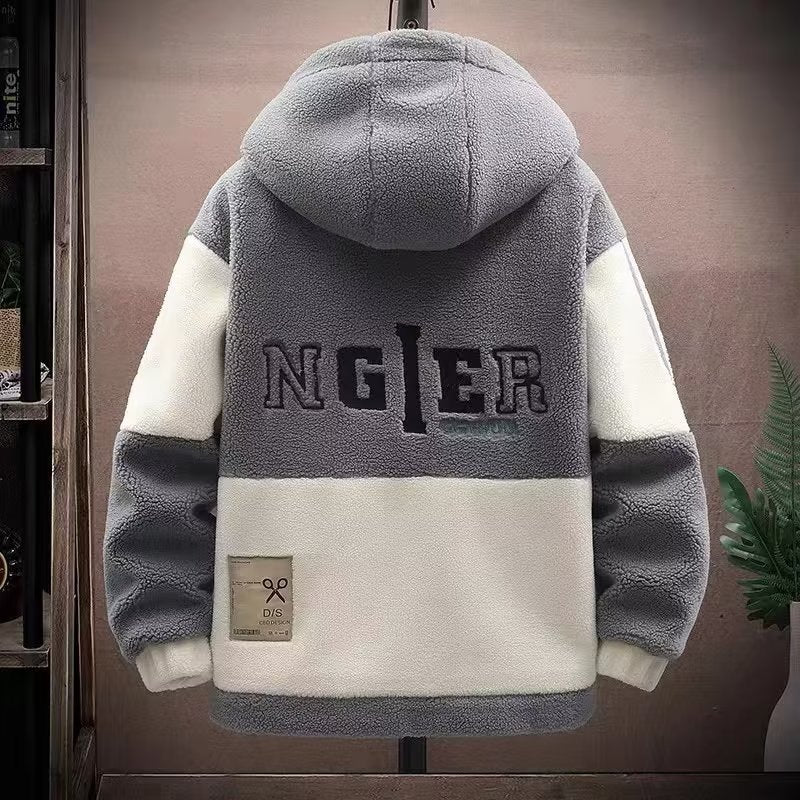 Veste d'hiver à capuche en laine d'agneau pour homme