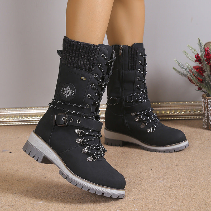 Bottes d'hiver pour femmes doublées de fourrure, chaudes, montantes, à lacets