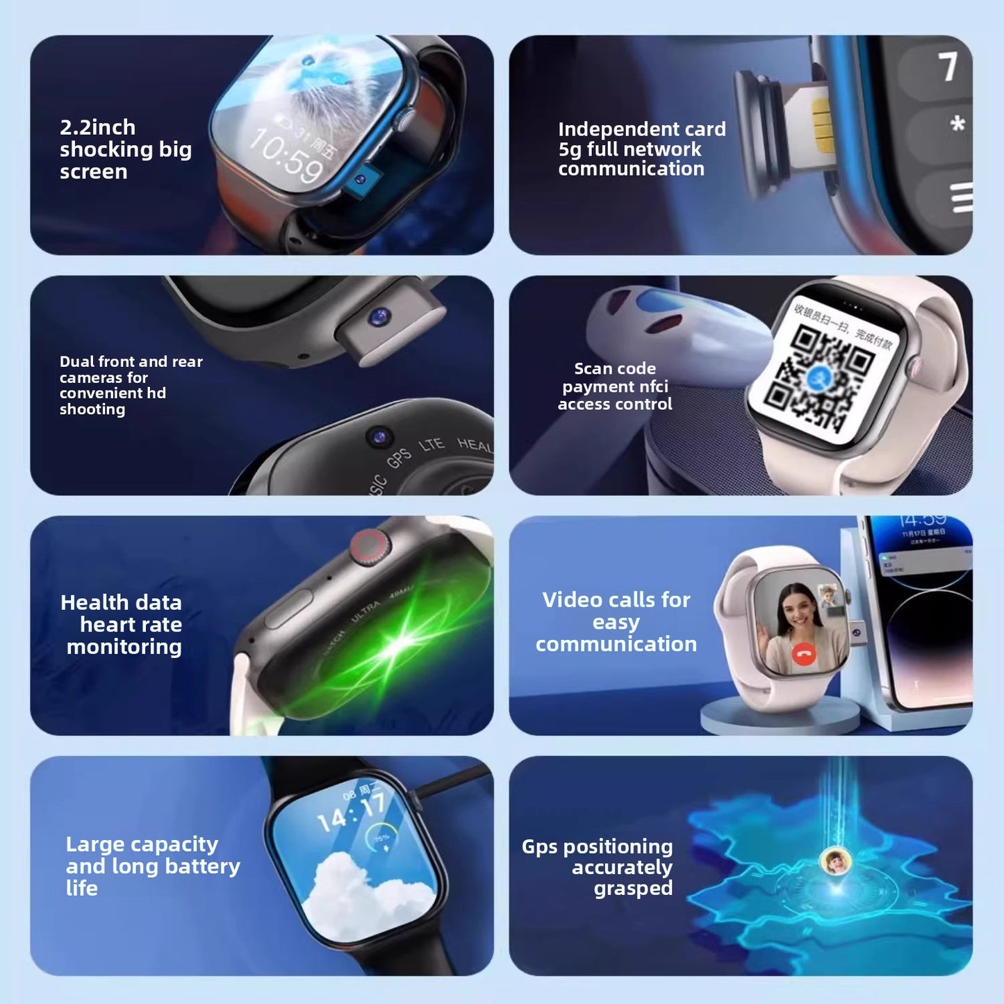 Montre intelligente cellulaire avec suivi de santé et caméra