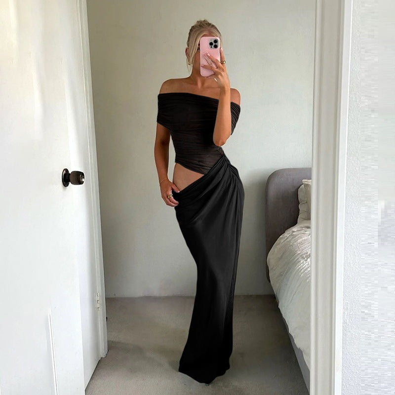 Robe moulante sexy en résille avec dos nu et empiècements
