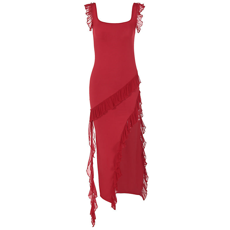 Robe longue fendue à volants sans manches