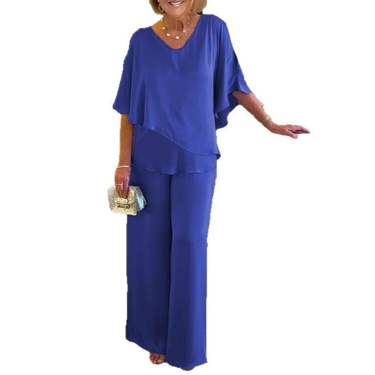 Ensemble décontracté grande taille à col en V, couleur unie, ourlet asymétrique