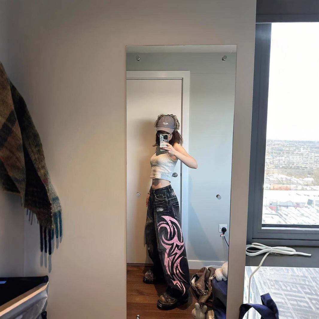 Pantalon en jean à jambes larges imprimé rétro