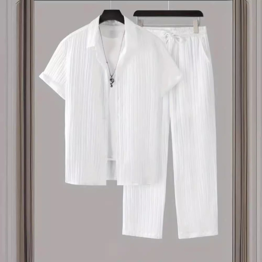 Chemise à manches courtes rayée pour hommes et pantalon ensemble décontracté