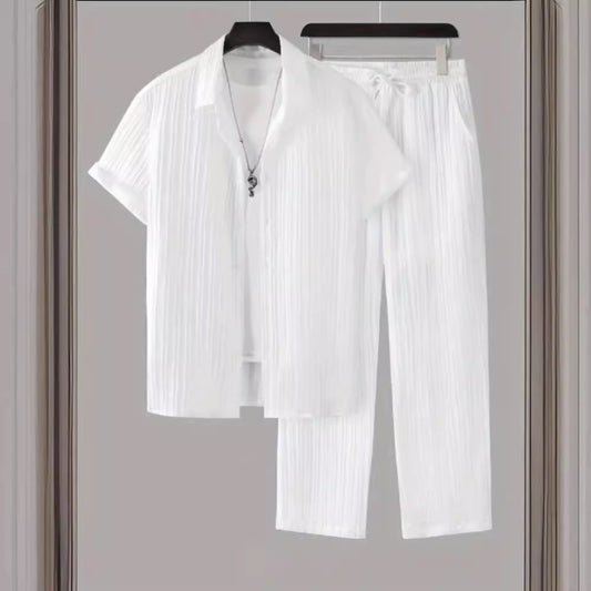 Chemise à manches courtes rayée pour hommes et pantalon ensemble décontracté