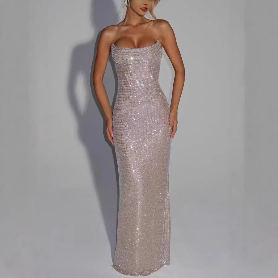Robe de soirée élégante sans manches ornée de sequins