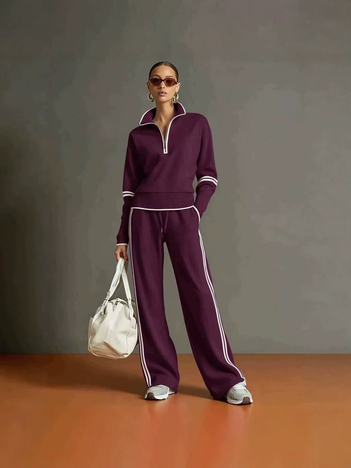 Habit :Ensemble décontracté sweat-shirt à col droit et pantalon à jambes larges