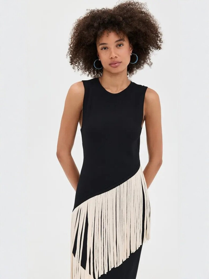 Robe bohème sans manches à franges asymétriques