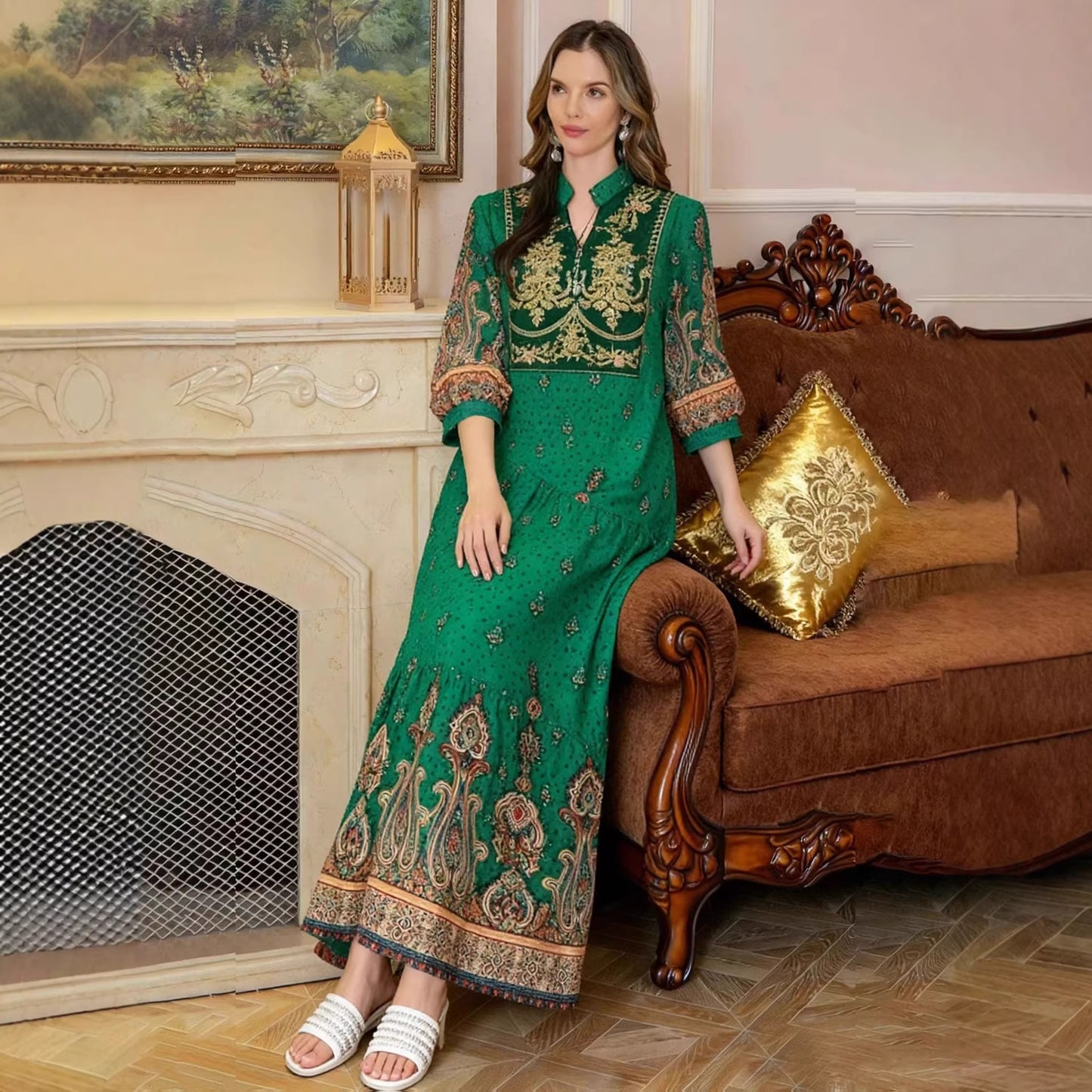 Robe a manches longues brodee a imprime geometrique retro