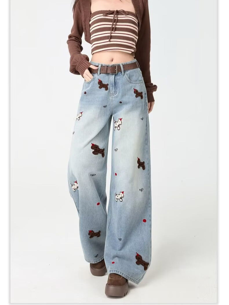 Pantalon en jean large brodé