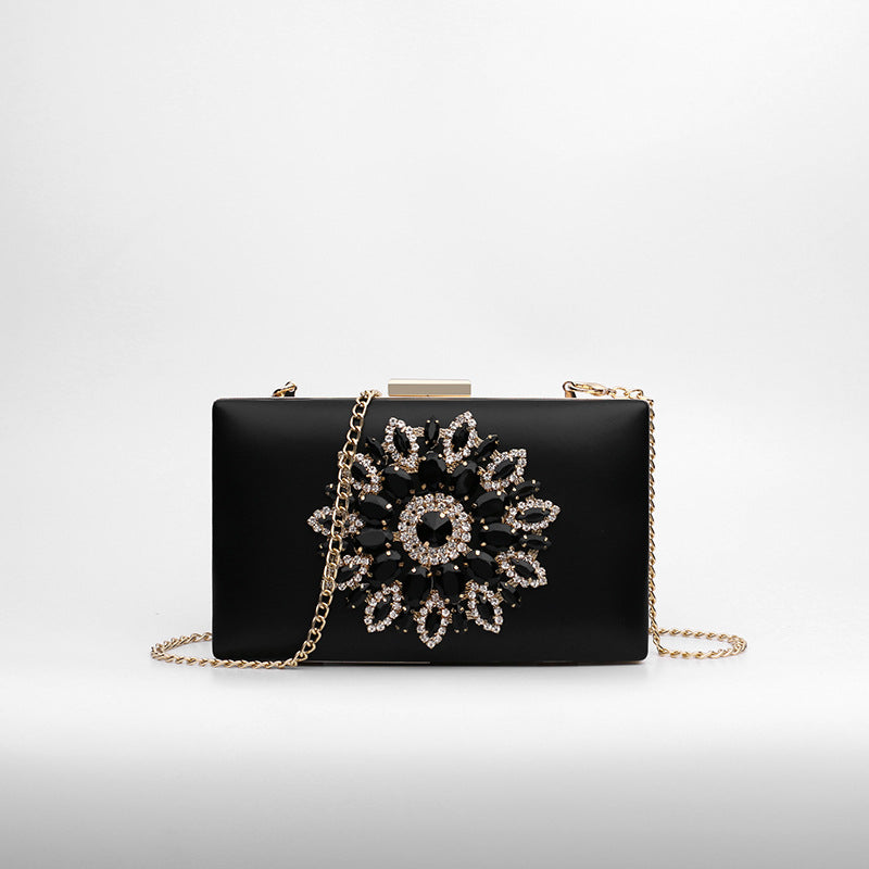 Pochette de soirée incrustée de diamants, best-seller transfrontalier 2026, élégante et tendance, à porter à l'épaule ou en bandoulière avec chaîne.