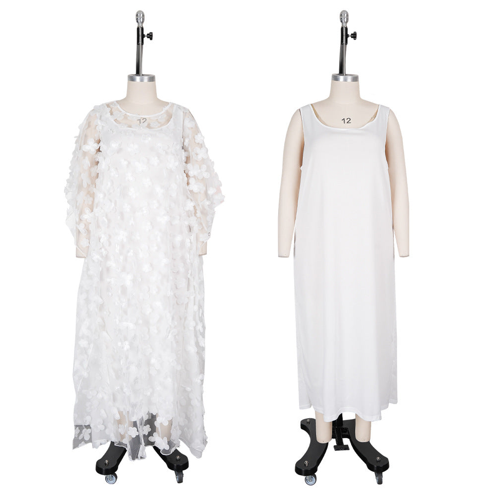 Habit :Ensemble robe à manches chauve-souris en maille florale brodée