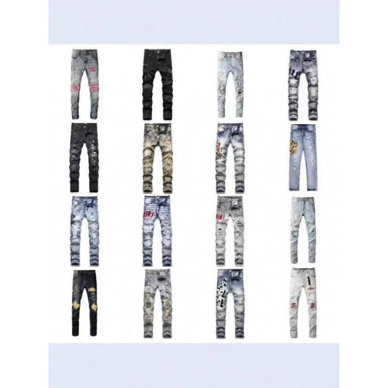 Jean en denim déchiré à patchwork coupe slim pour hommes