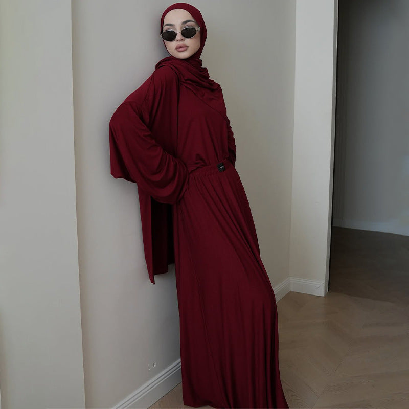 Ensemble de robe à manches longues plissée de couleur unie