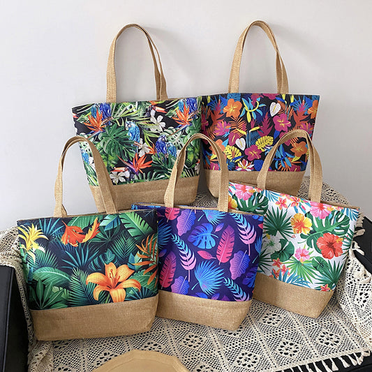 Sac fourre-tout artistique en coton et lin avec fermeture éclair