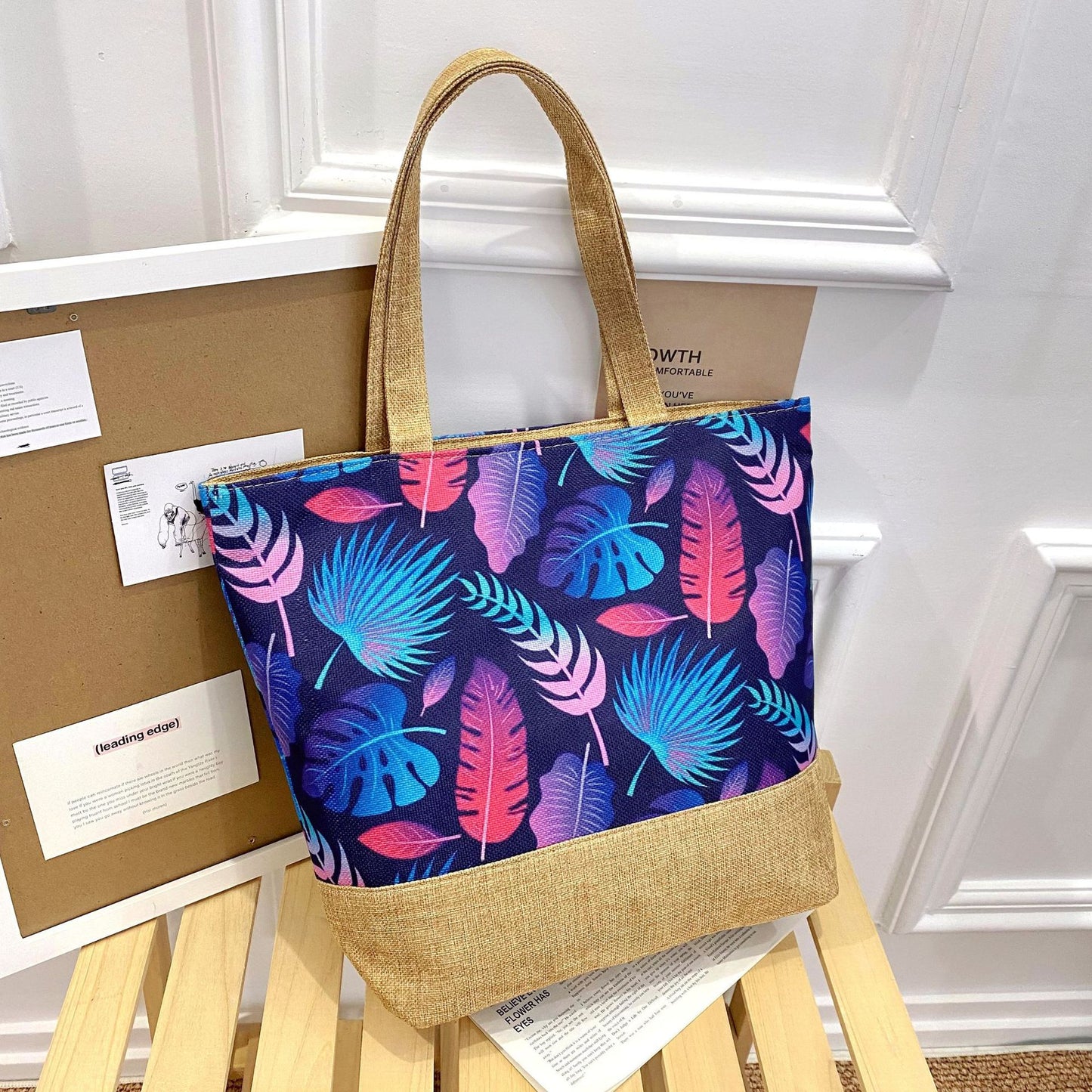 Sac fourre-tout artistique en coton et lin avec fermeture éclair