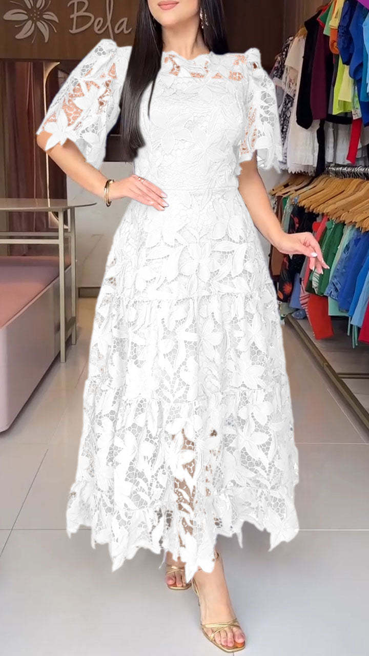 Robe d'été à dentelle ajourée, col rond, taille mi-haute
