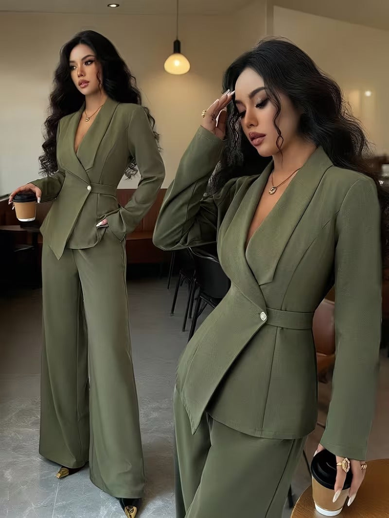 Ensemble deux pièces pour femme : veste longue à col en V et pantalon à jambes larges