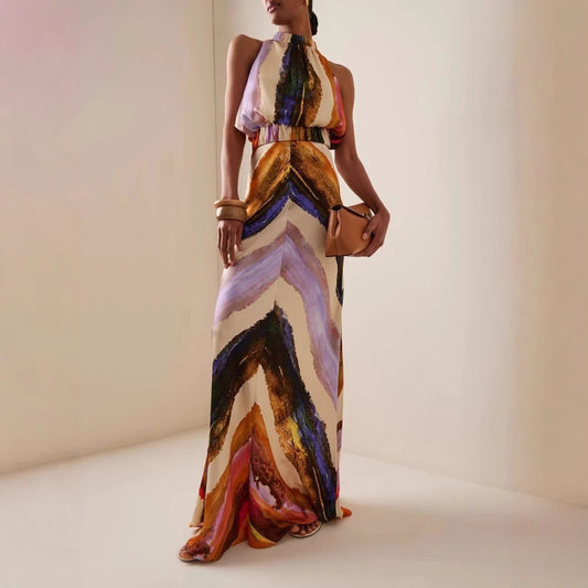Robe longue imprimée sans manches pour femme