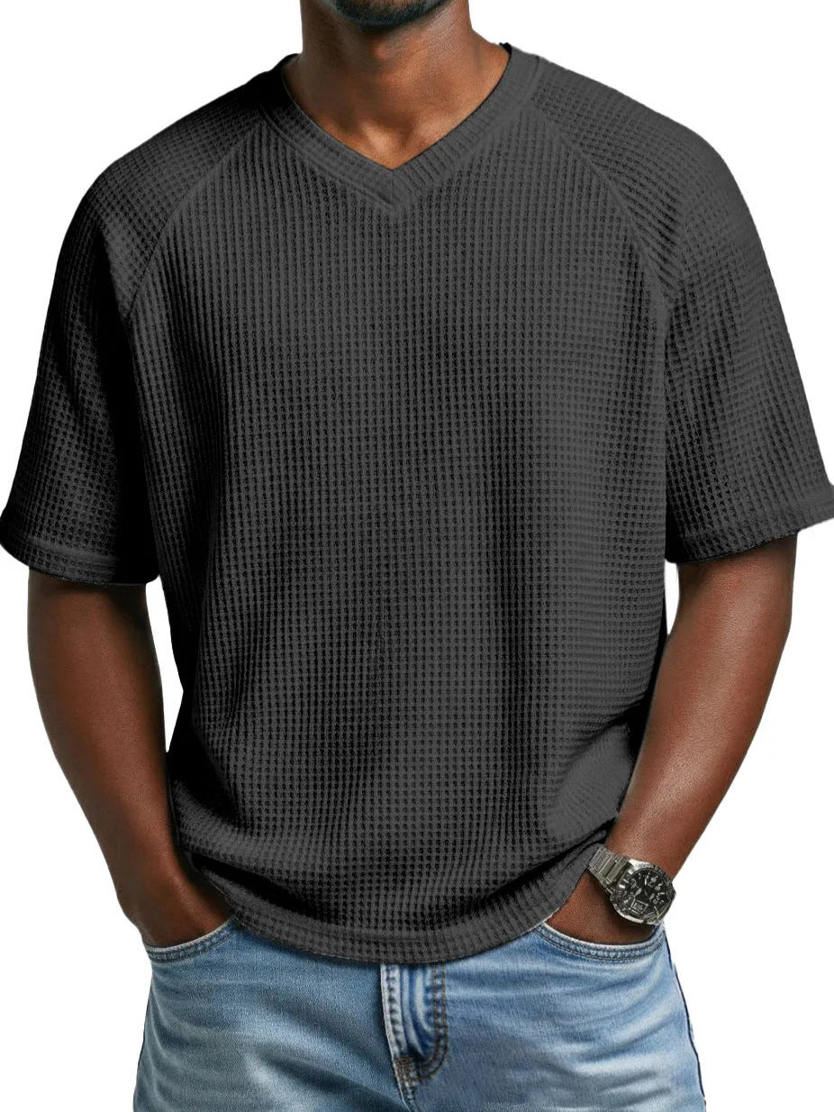 T-shirt pour hommes à col en V, manches courtes, tricoté et tendance