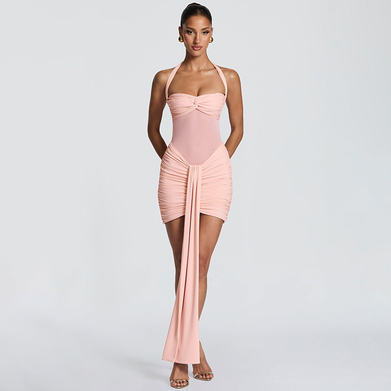 Robe courte dos nu en maille unie pour femme