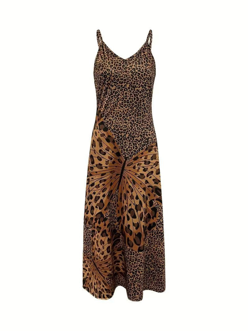 Robe longue sans manches à col en V et imprimé léopard pour femme