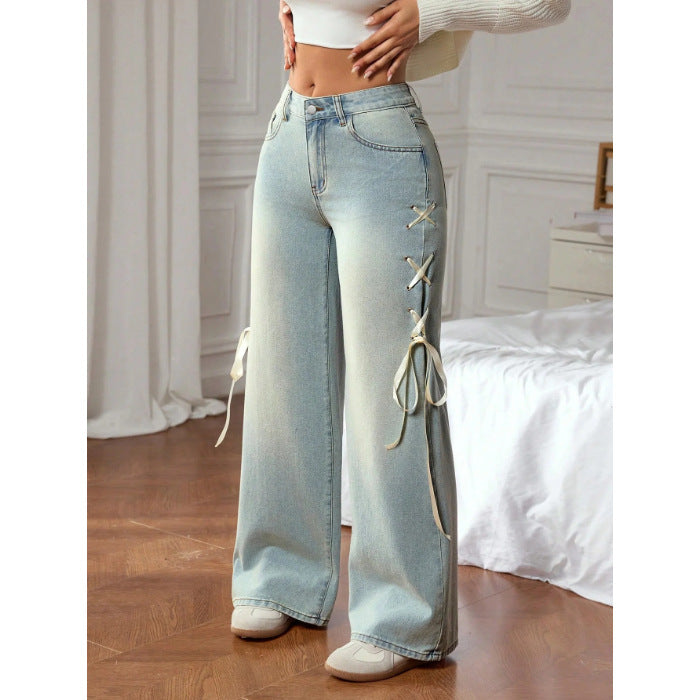 Jean denim large pour femmes avec ruban sur le côté